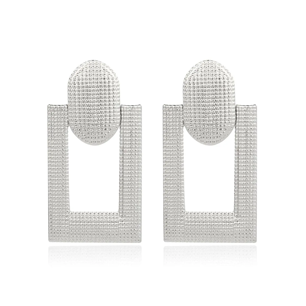 Silver-Plated Studded Open Rectangle Drop Earrings
