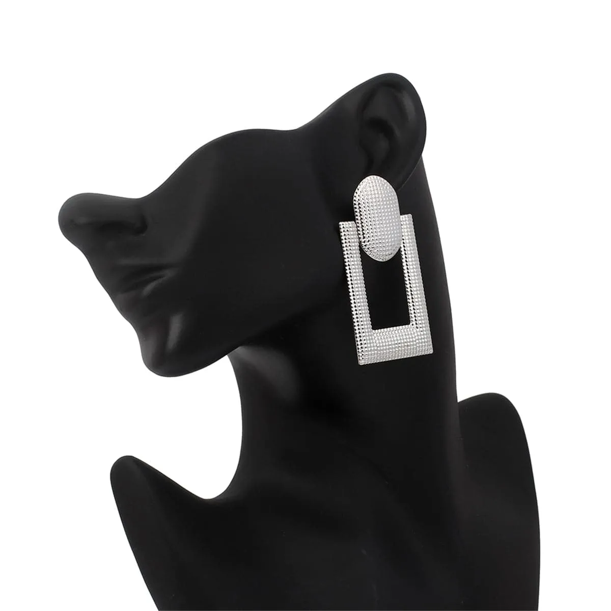 Silver-Plated Studded Open Rectangle Drop Earrings