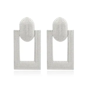 Silver-Plated Studded Open Rectangle Drop Earrings