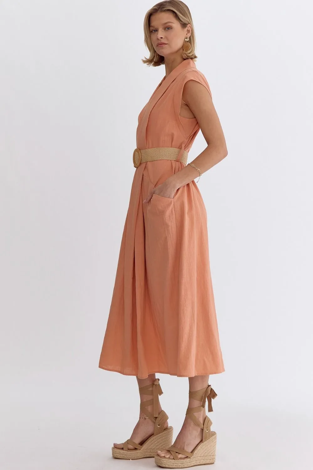 Sleeveless Belted Midi Dress {Clay}