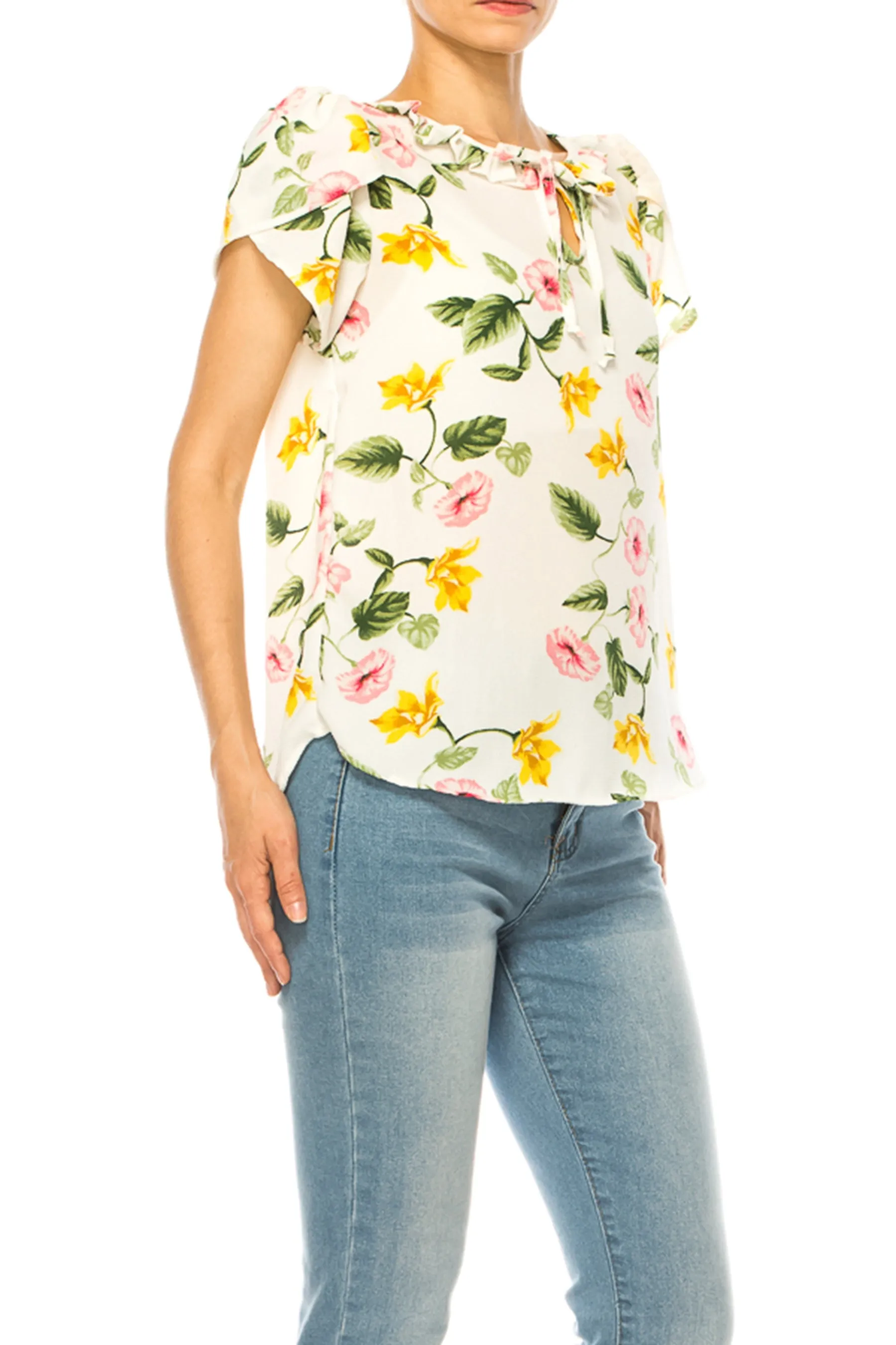 Solid Overlapping Short Sleeve Top with Front Keyhole B82901 $9.50