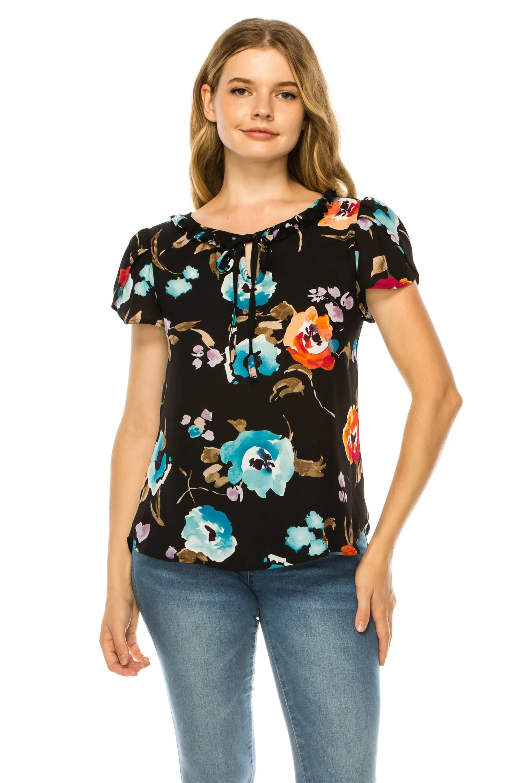 Solid Overlapping Short Sleeve Top with Front Keyhole B82901 $9.50