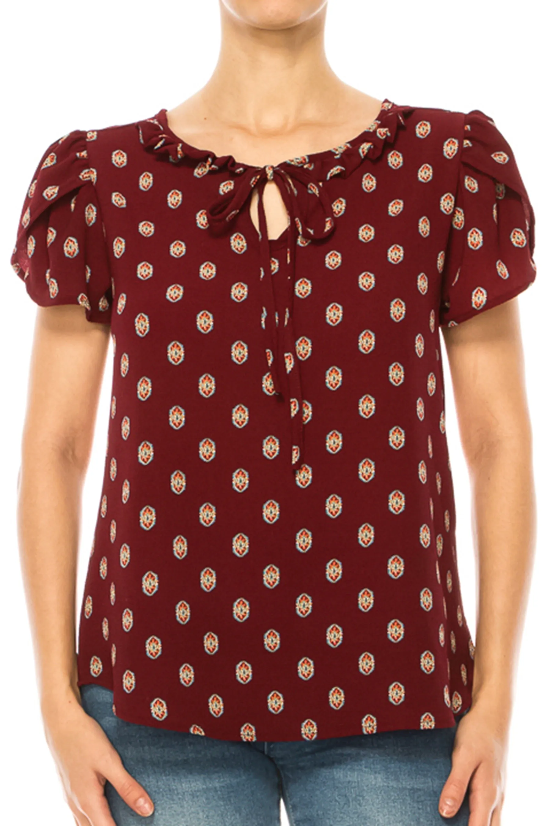 Solid Overlapping Short Sleeve Top with Front Keyhole B82901 $9.50
