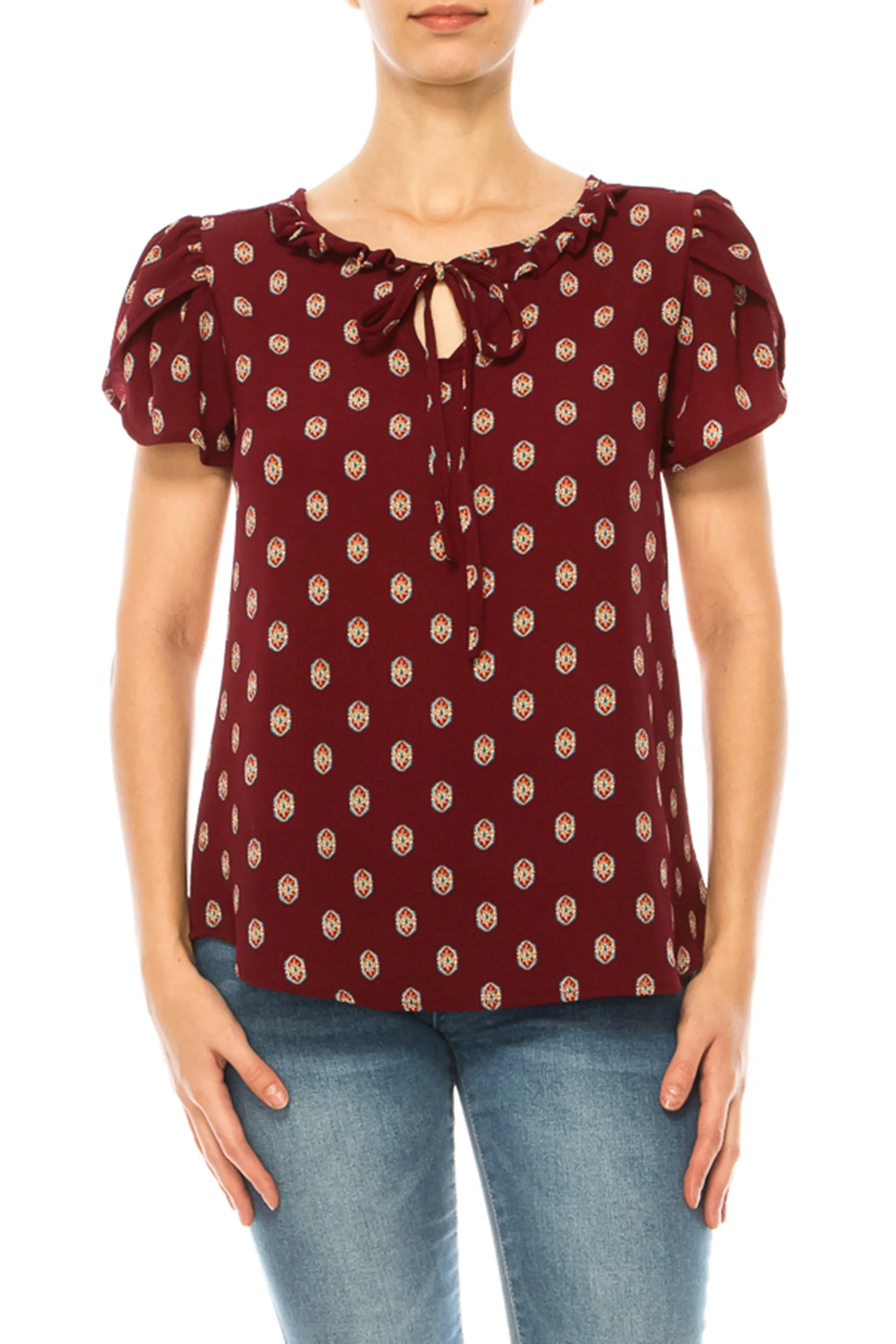 Solid Overlapping Short Sleeve Top with Front Keyhole B82901 $9.50