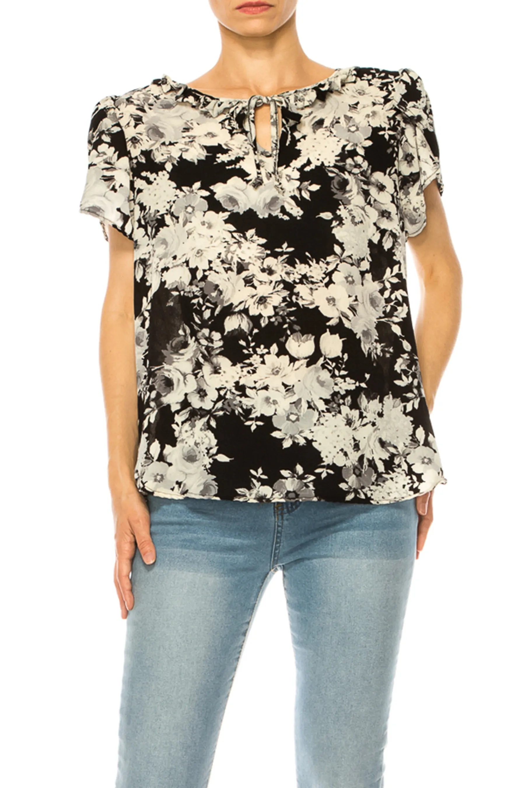 Solid Overlapping Short Sleeve Top with Front Keyhole B82901 $9.50