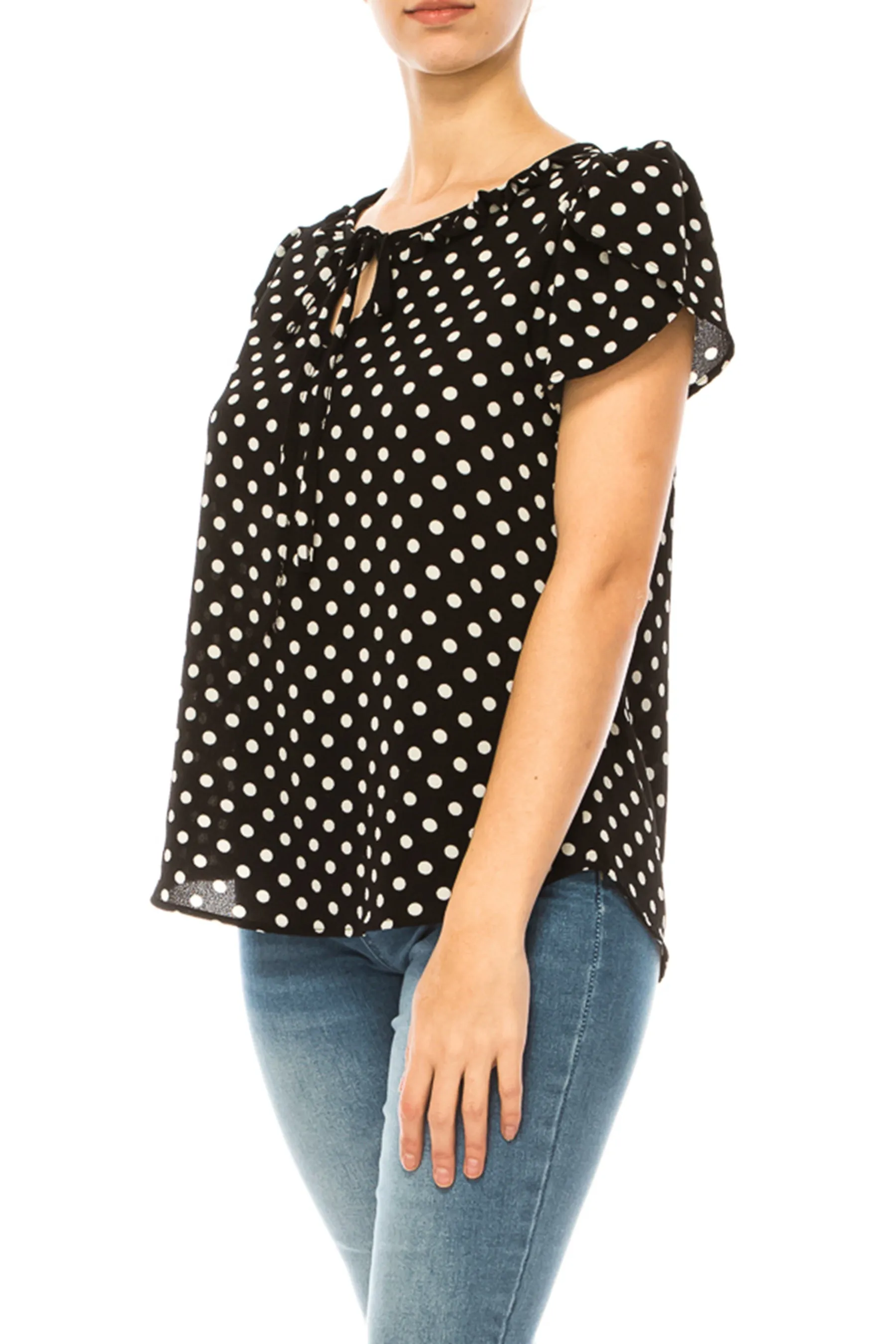 Solid Overlapping Short Sleeve Top with Front Keyhole B82901 $9.50