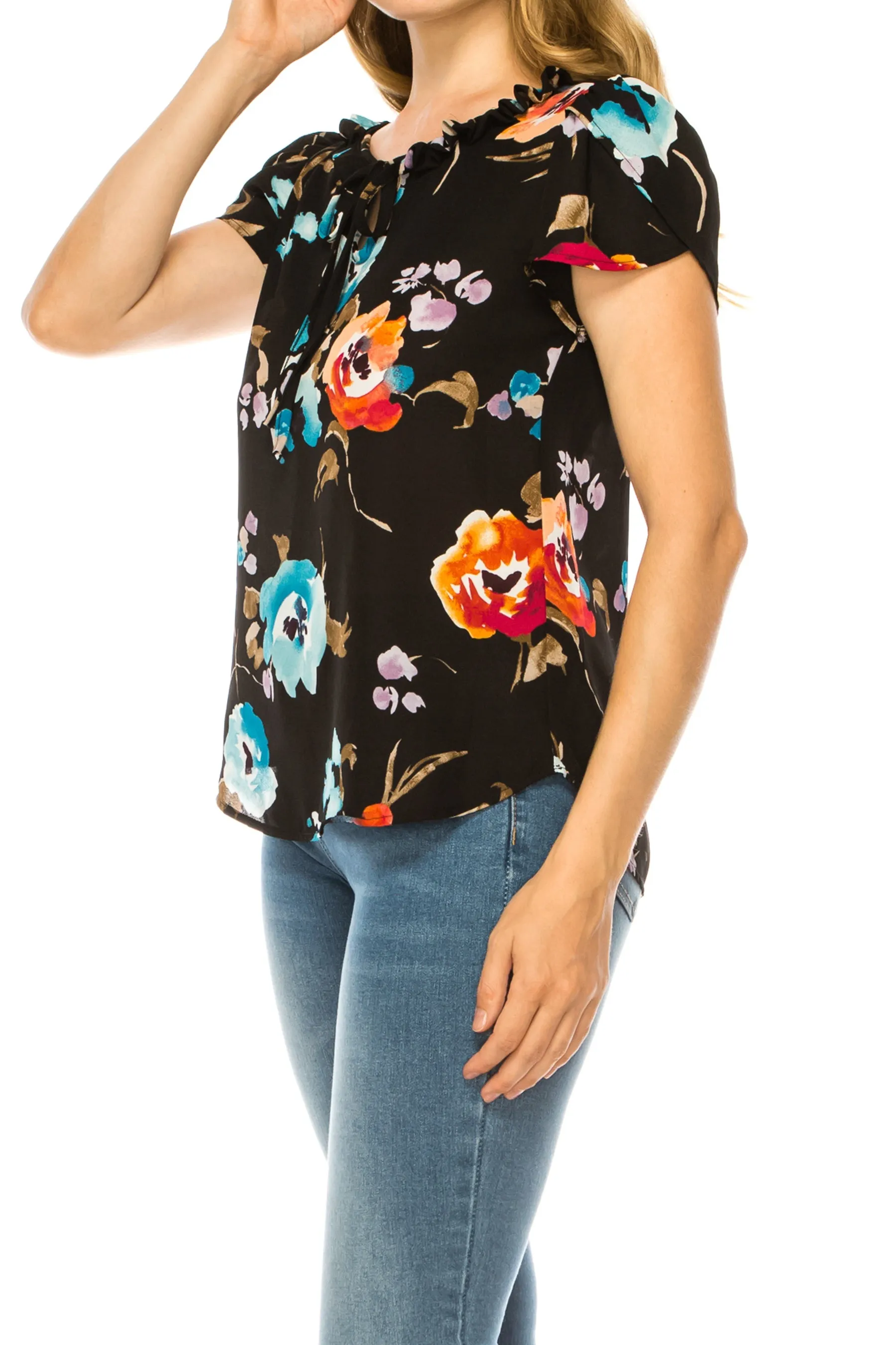 Solid Overlapping Short Sleeve Top with Front Keyhole B82901 $9.50