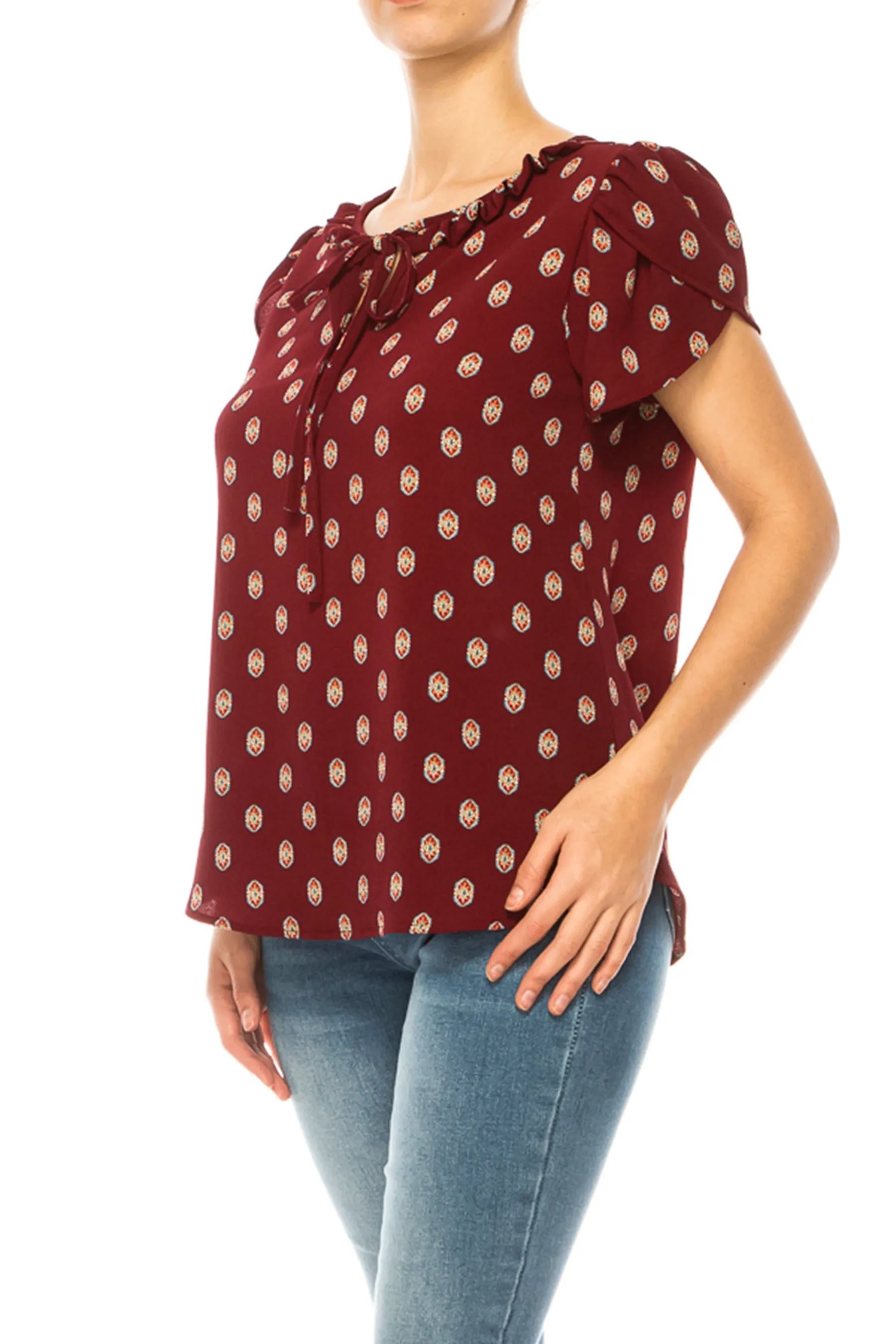 Solid Overlapping Short Sleeve Top with Front Keyhole B82901 $9.50