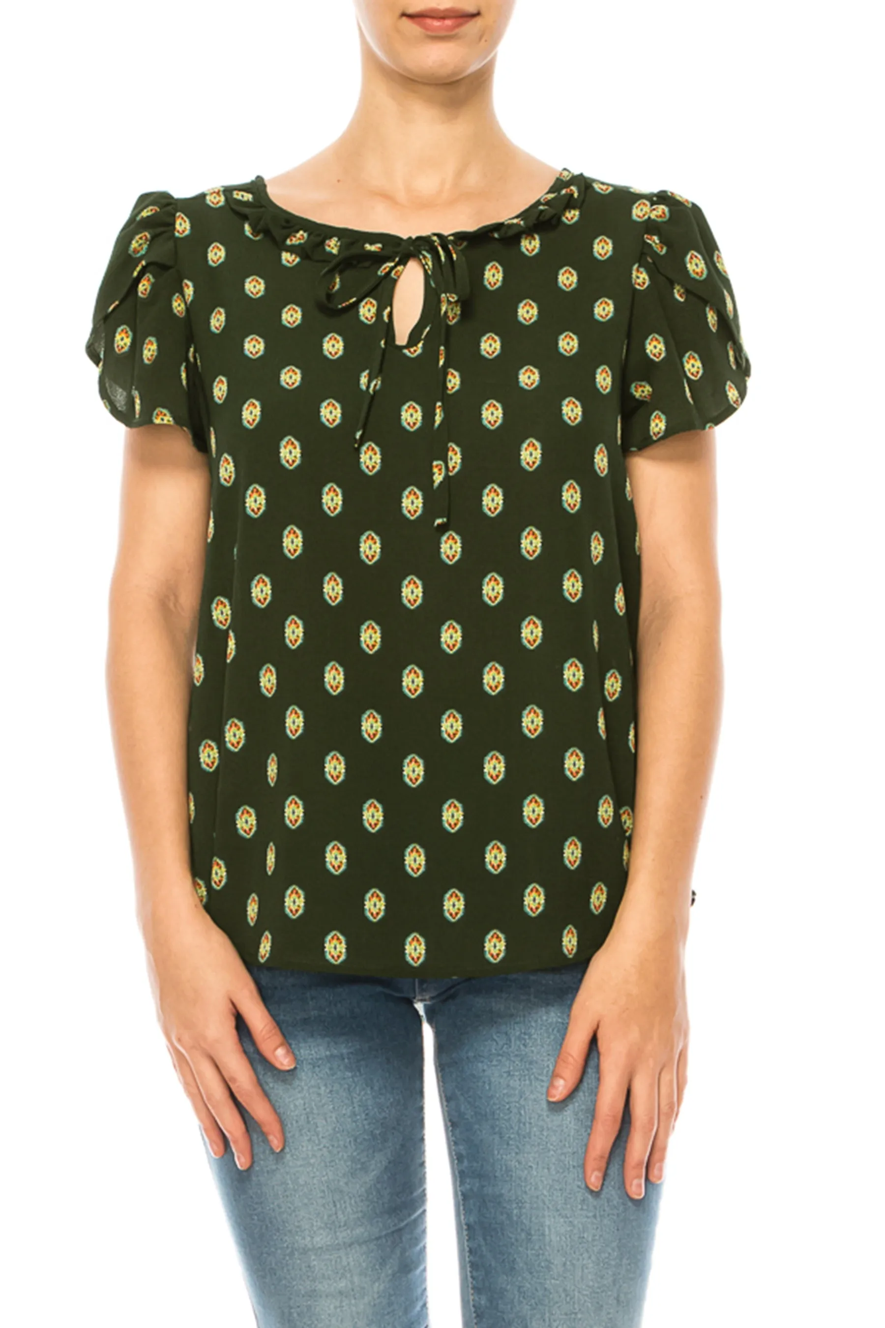 Solid Overlapping Short Sleeve Top with Front Keyhole B82901 $9.50