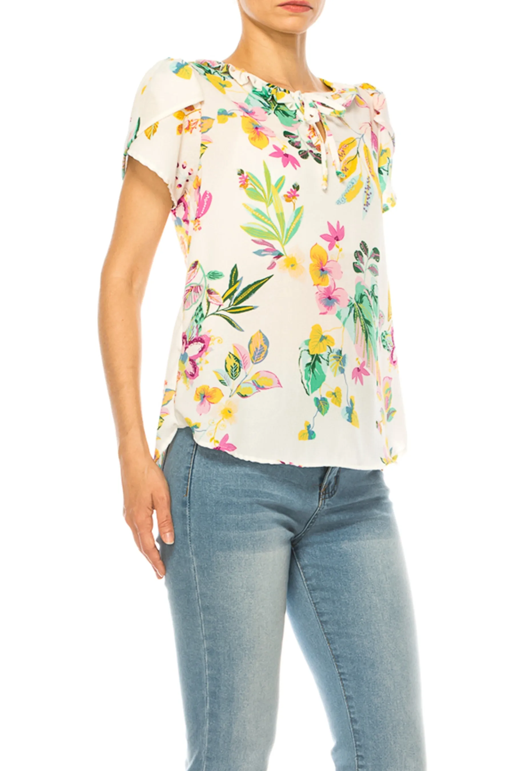 Solid Overlapping Short Sleeve Top with Front Keyhole B82901 $9.50