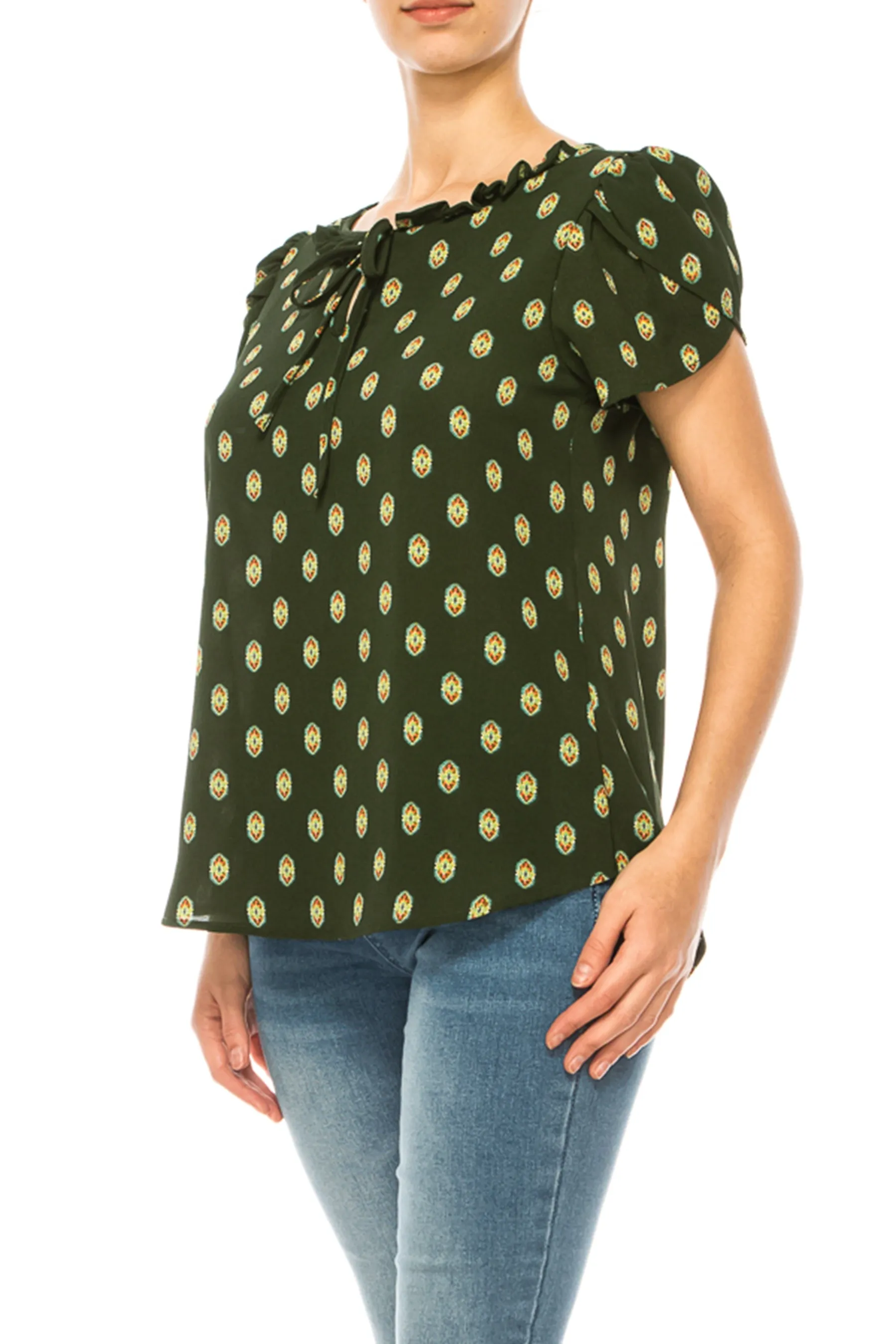 Solid Overlapping Short Sleeve Top with Front Keyhole B82901 $9.50