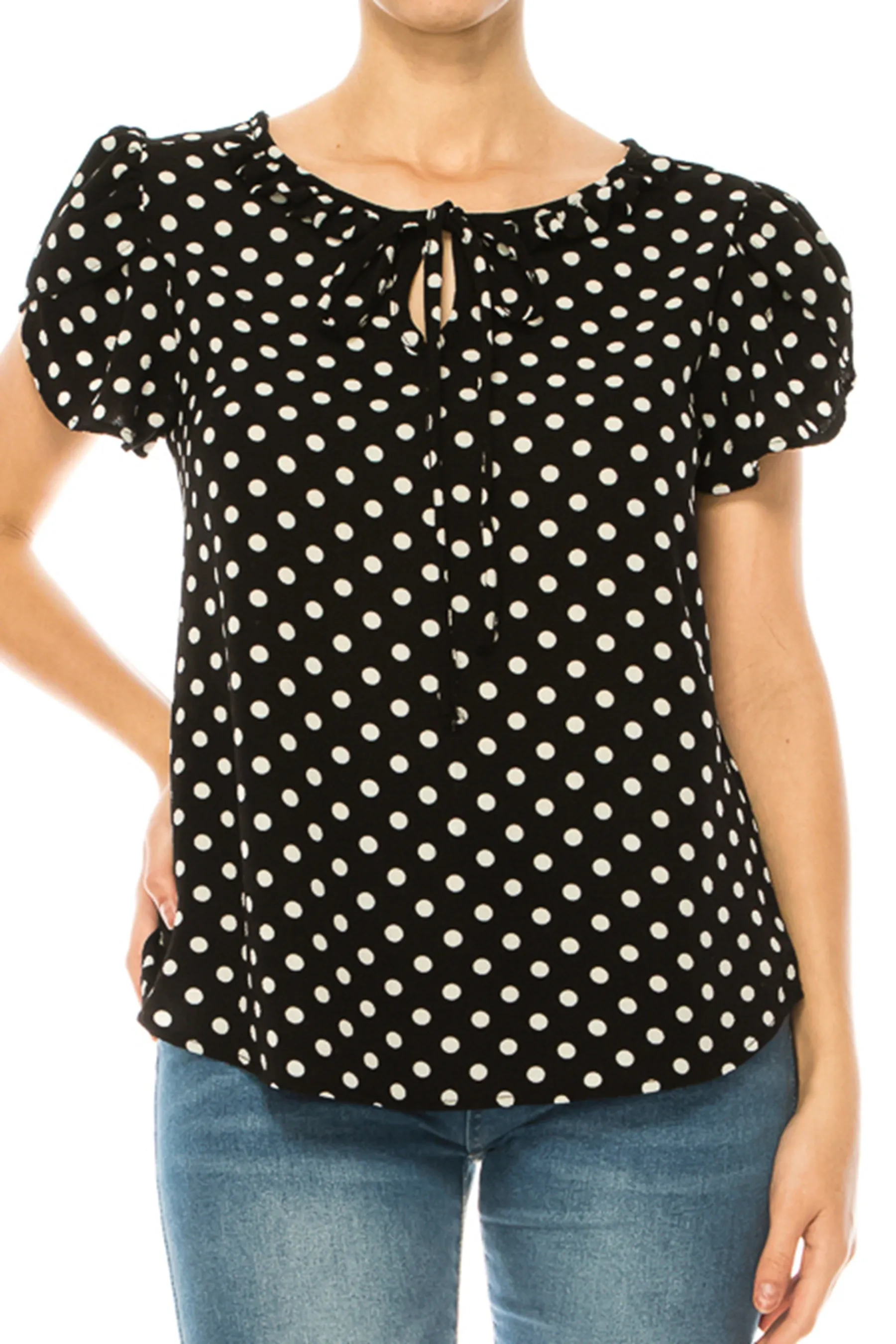 Solid Overlapping Short Sleeve Top with Front Keyhole B82901 $9.50