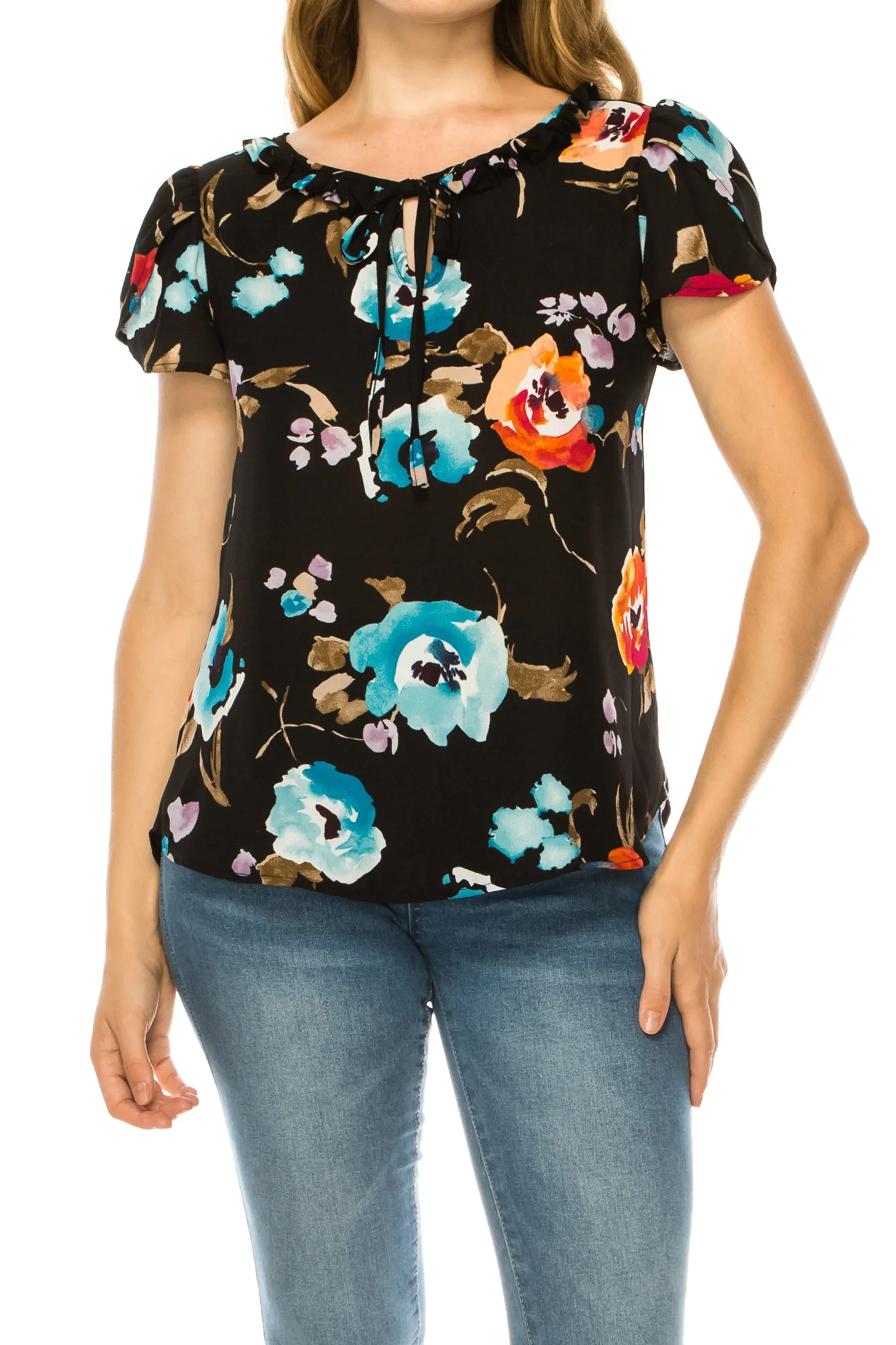 Solid Overlapping Short Sleeve Top with Front Keyhole B82901 $9.50