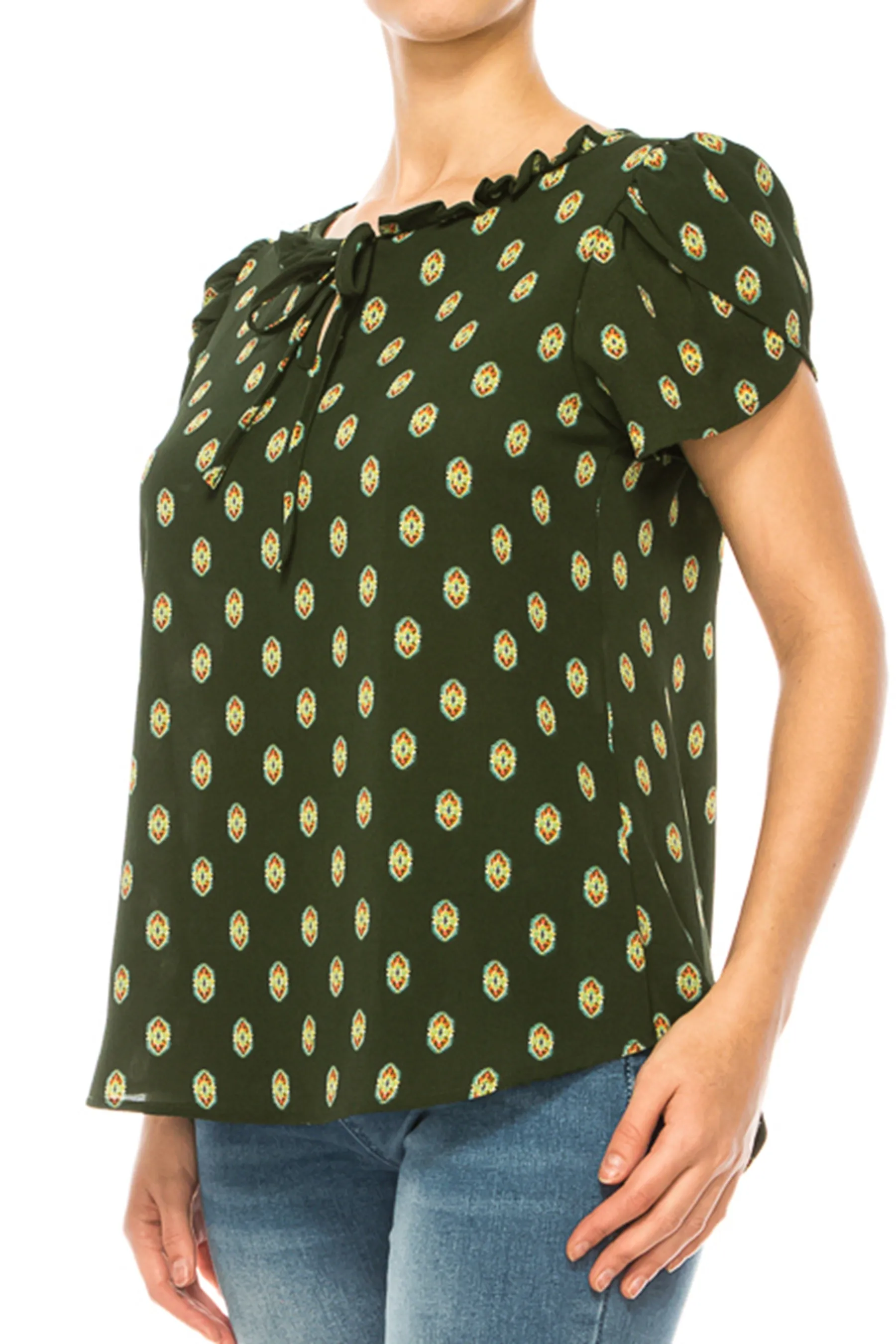 Solid Overlapping Short Sleeve Top with Front Keyhole B82901 $9.50