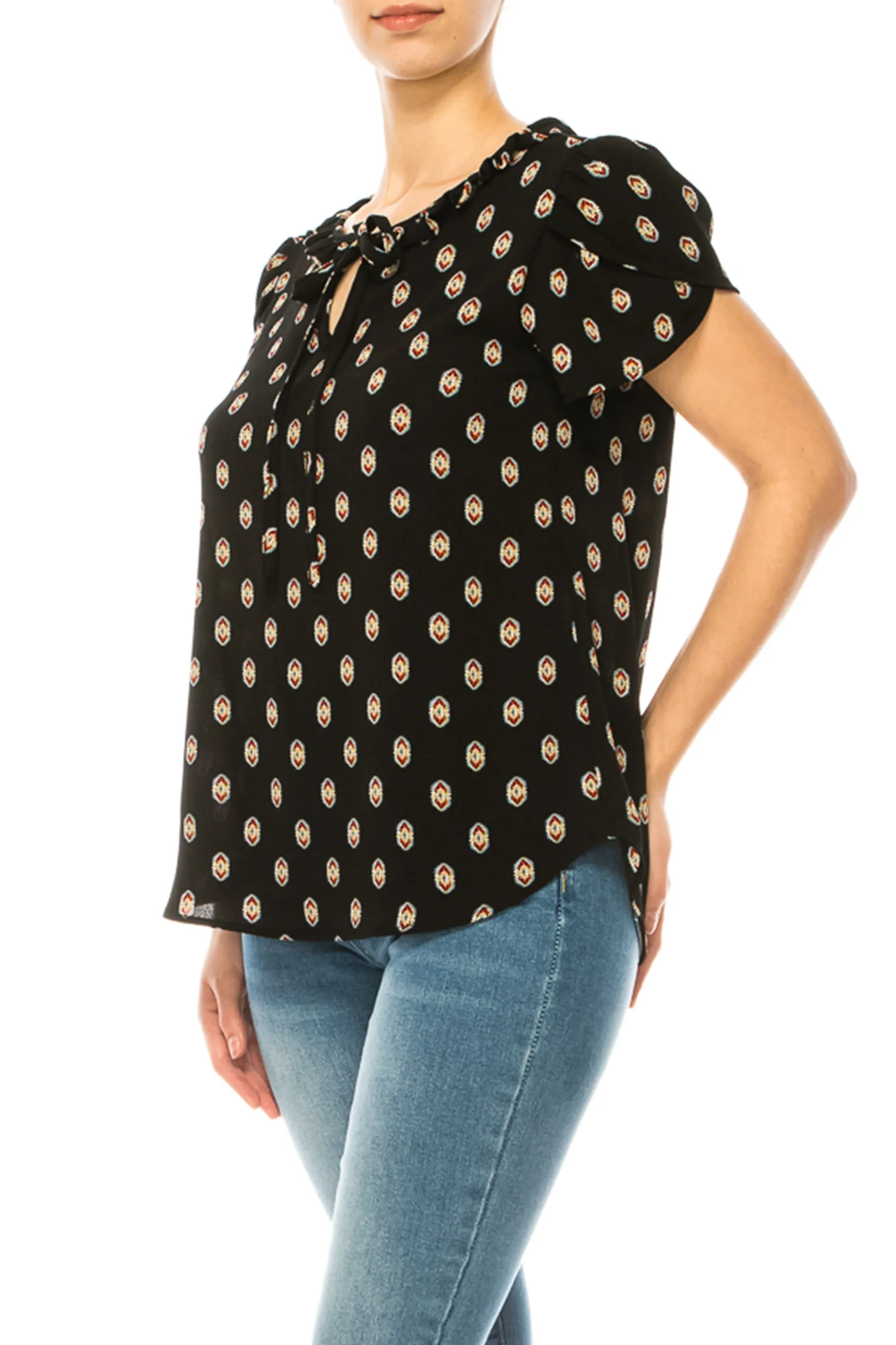 Solid Overlapping Short Sleeve Top with Front Keyhole B82901 $9.50