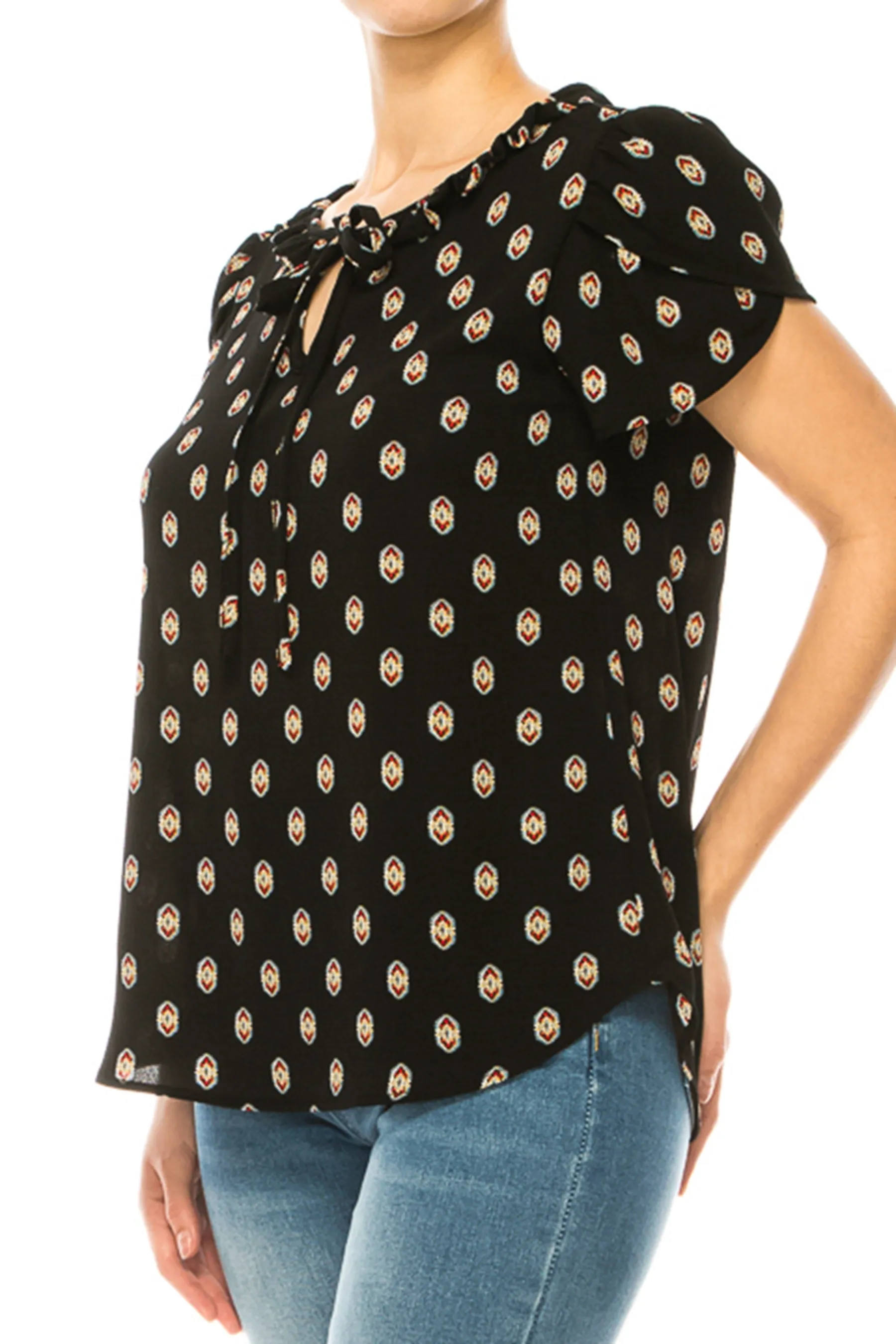 Solid Overlapping Short Sleeve Top with Front Keyhole B82901 $9.50