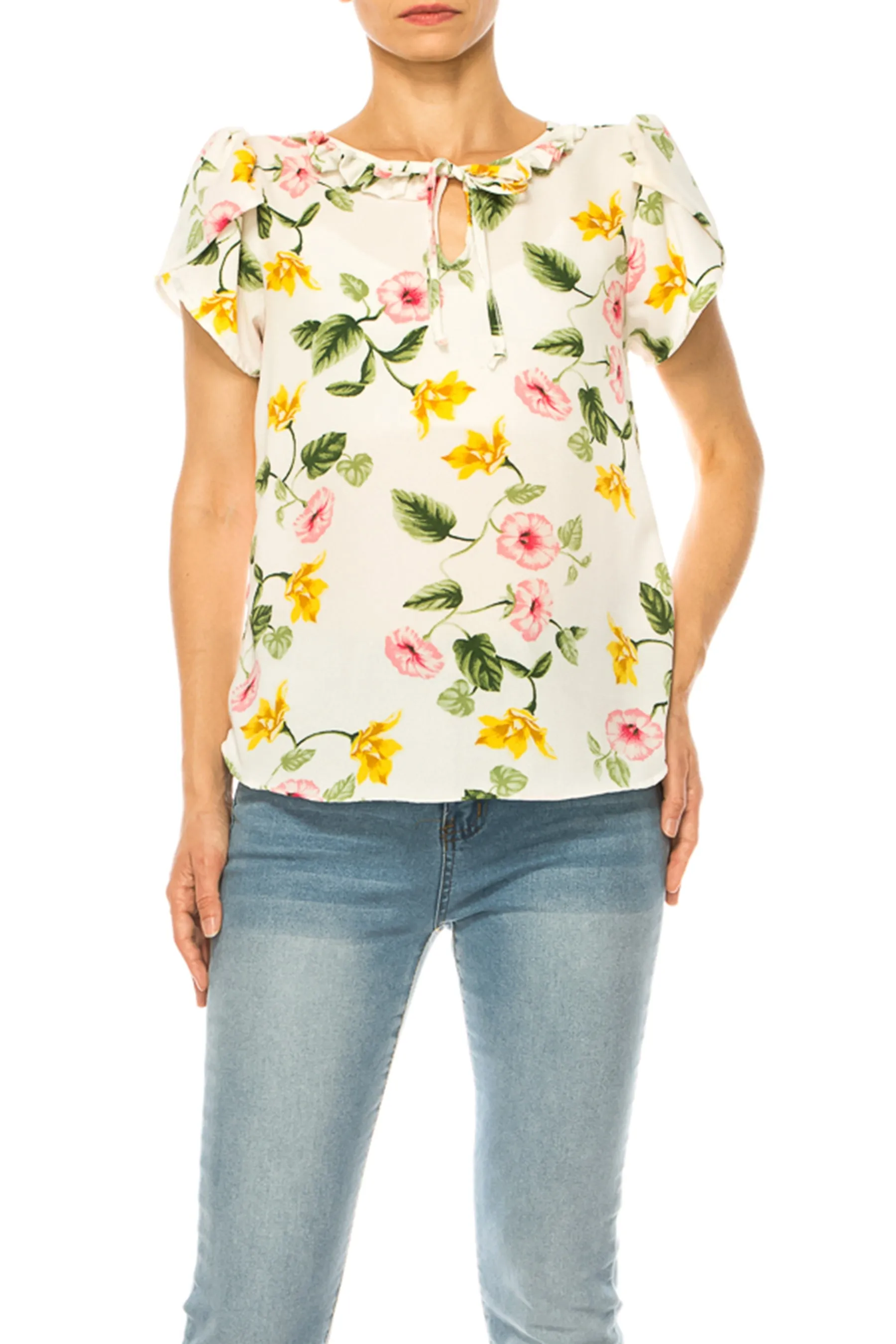 Solid Overlapping Short Sleeve Top with Front Keyhole B82901 $9.50