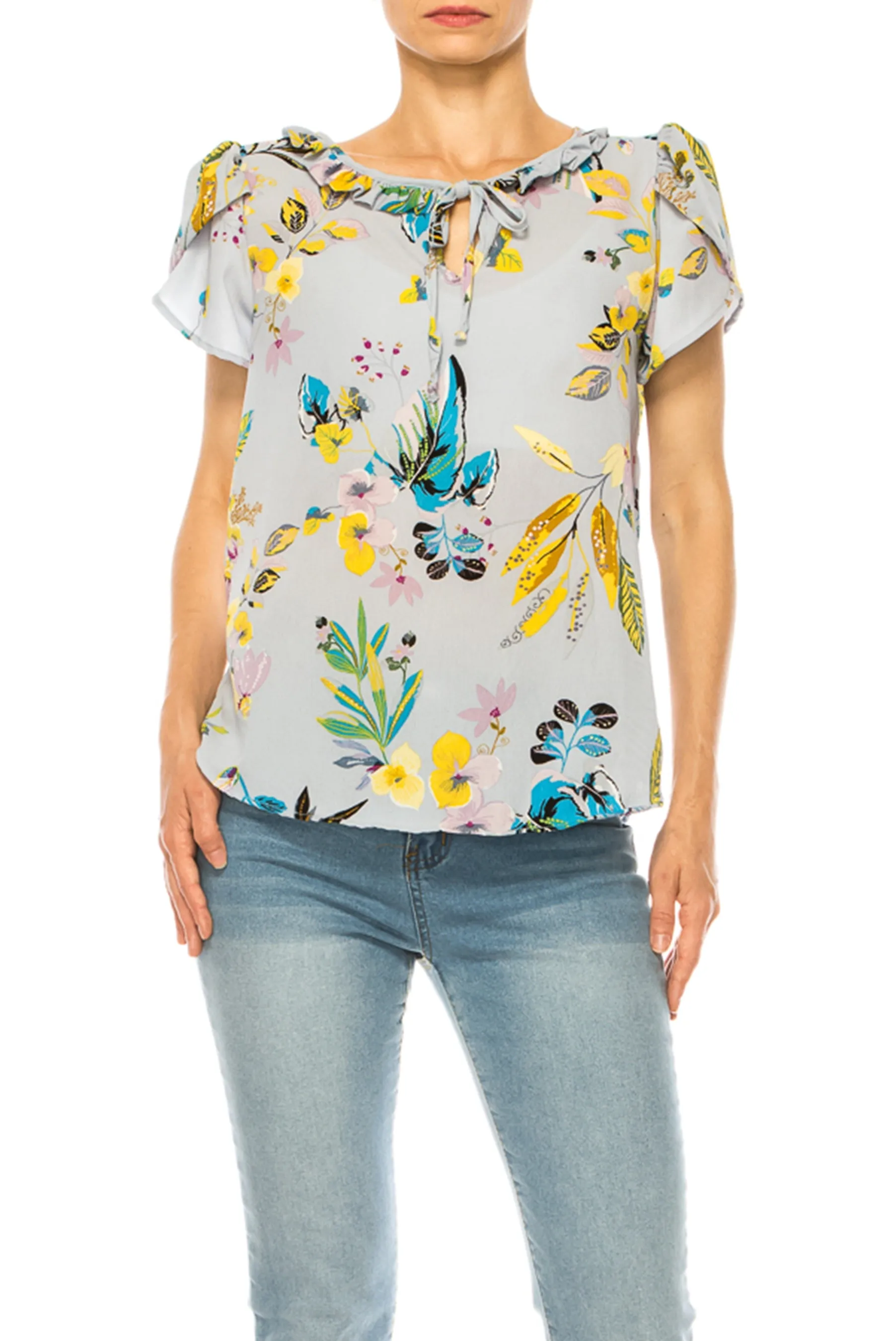 Solid Overlapping Short Sleeve Top with Front Keyhole B82901 $9.50