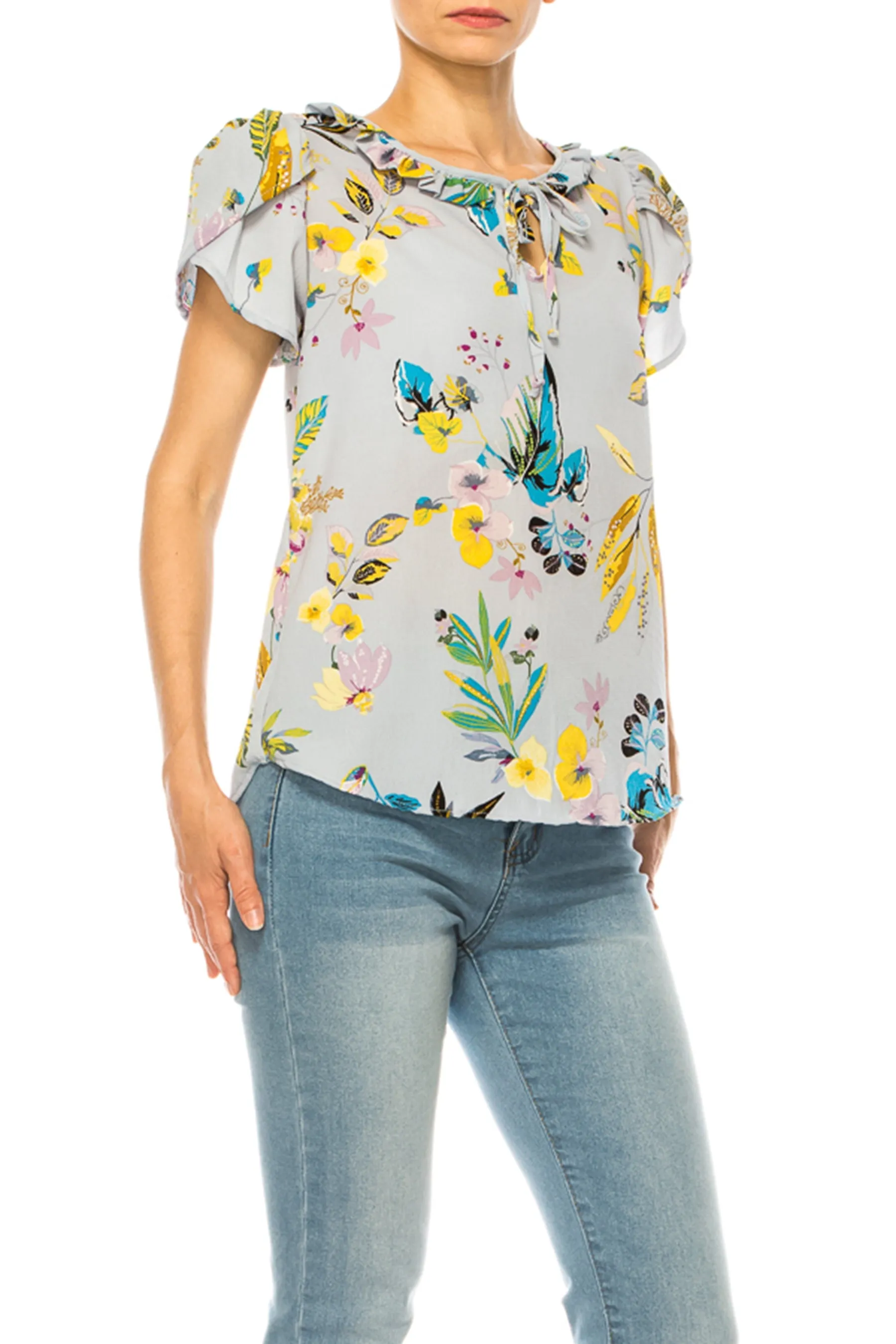 Solid Overlapping Short Sleeve Top with Front Keyhole B82901 $9.50