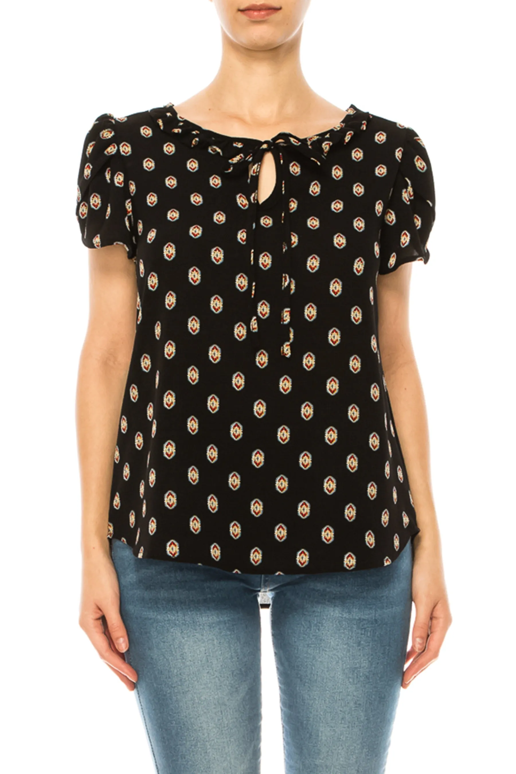 Solid Overlapping Short Sleeve Top with Front Keyhole B82901 $9.50
