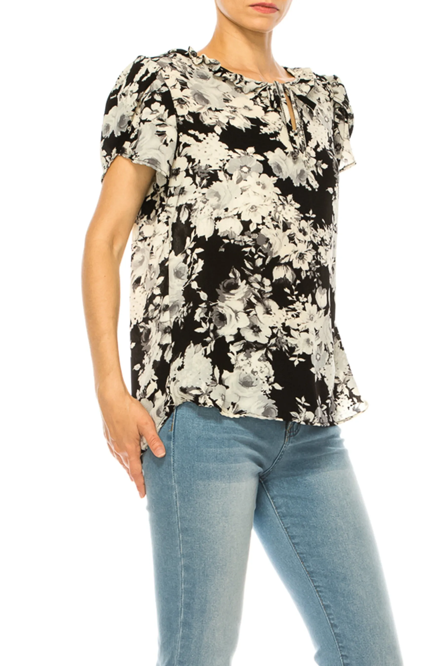 Solid Overlapping Short Sleeve Top with Front Keyhole B82901 $9.50