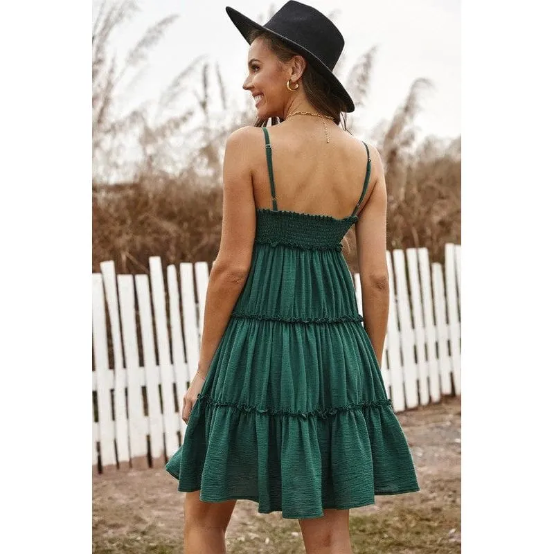 Spaghetti straps ruched ruffled mini dress