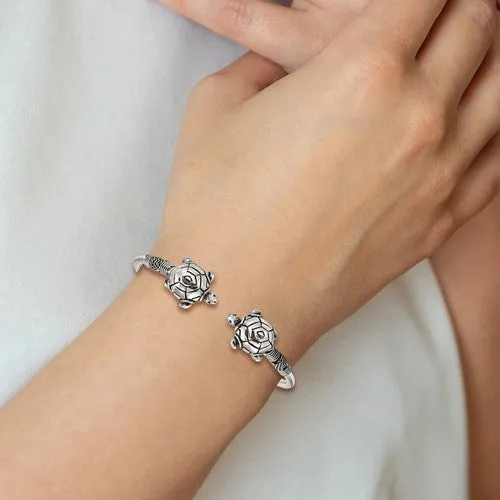 Sterling Silver Antiqued Turtle Flexible Bangle Bracelet