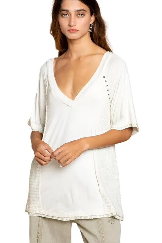 Studded Strappy Back Waffle Mixed Knit Top