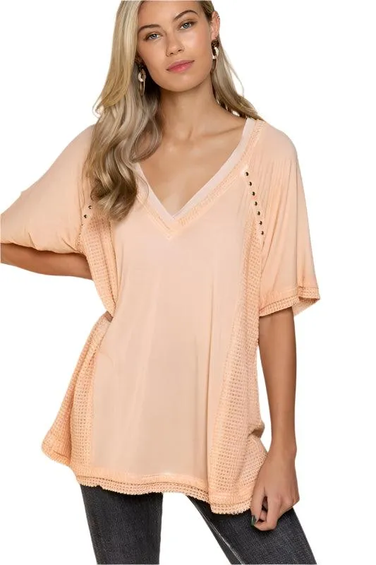 Studded Strappy Back Waffle Mixed Knit Top