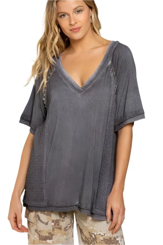 Studded Strappy Back Waffle Mixed Knit Top