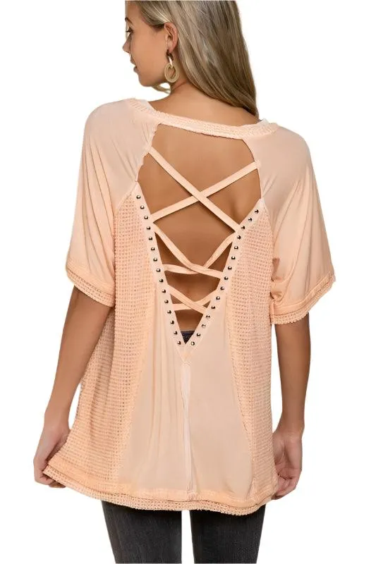 Studded Strappy Back Waffle Mixed Knit Top