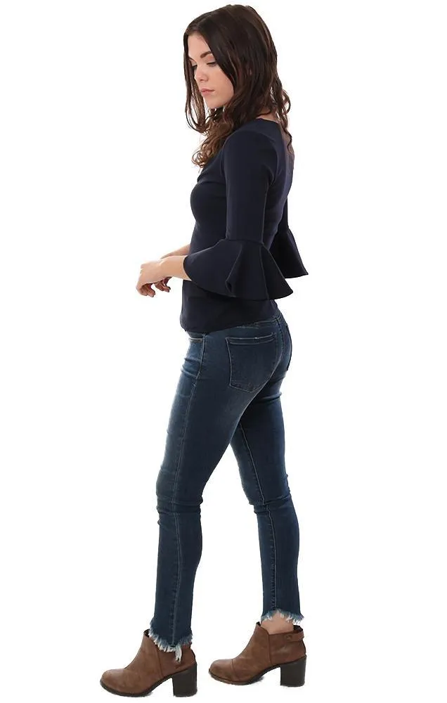 Susana Monaco Tops Scoop V Neck Ruffle Bell Sleeve Fitted Navy Blouse