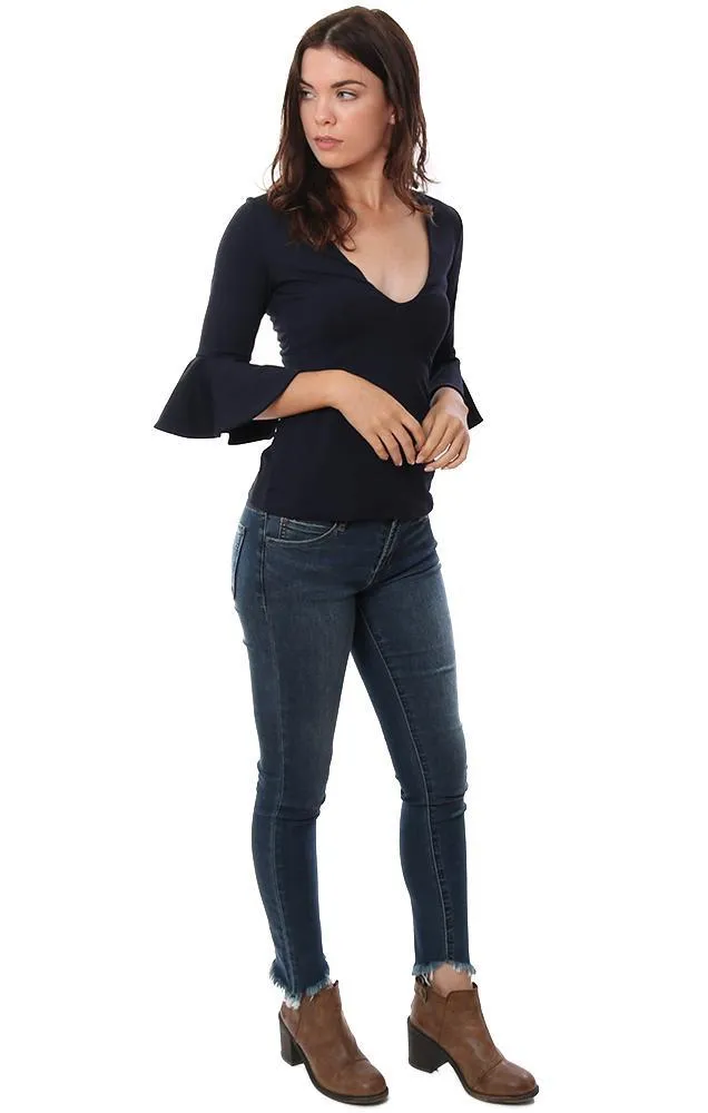 Susana Monaco Tops Scoop V Neck Ruffle Bell Sleeve Fitted Navy Blouse