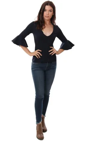 Susana Monaco Tops Scoop V Neck Ruffle Bell Sleeve Fitted Navy Blouse