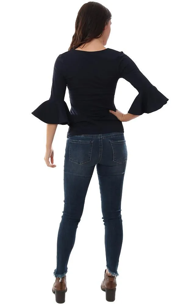 Susana Monaco Tops Scoop V Neck Ruffle Bell Sleeve Fitted Navy Blouse