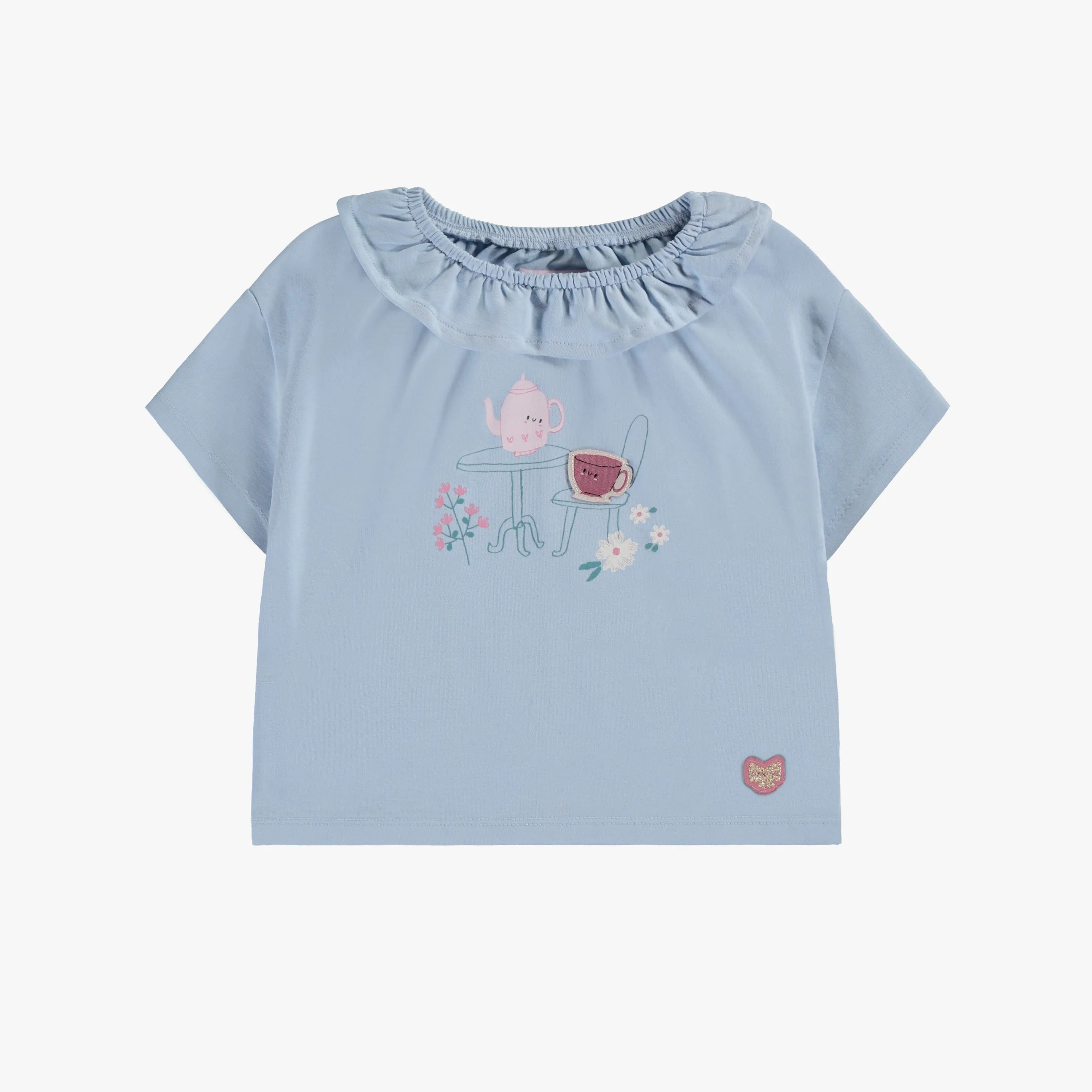 T-shirt bleu pâle avec volant et illustration, bébé || Pale blue T-shirt with ruffle and illustration, baby