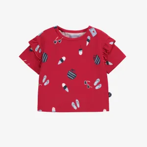 T-shirt rouge à motifs, bébé||Red t-shirt with all over print, baby