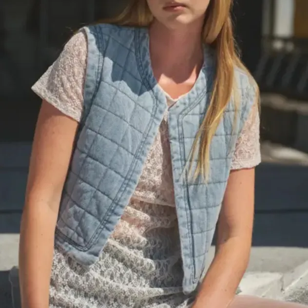 The Erin Quilted Sherpa Lining Vest in Denim