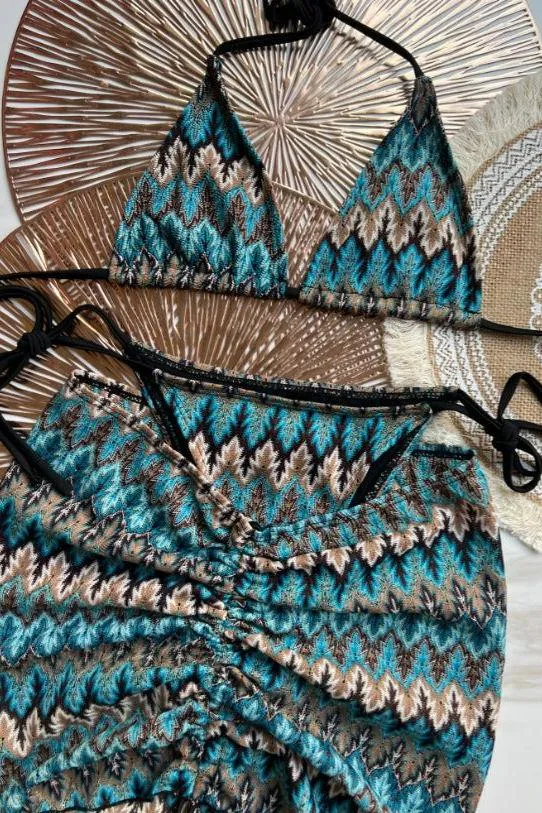 Three-Piece Knitted Gradient Striped Bikini