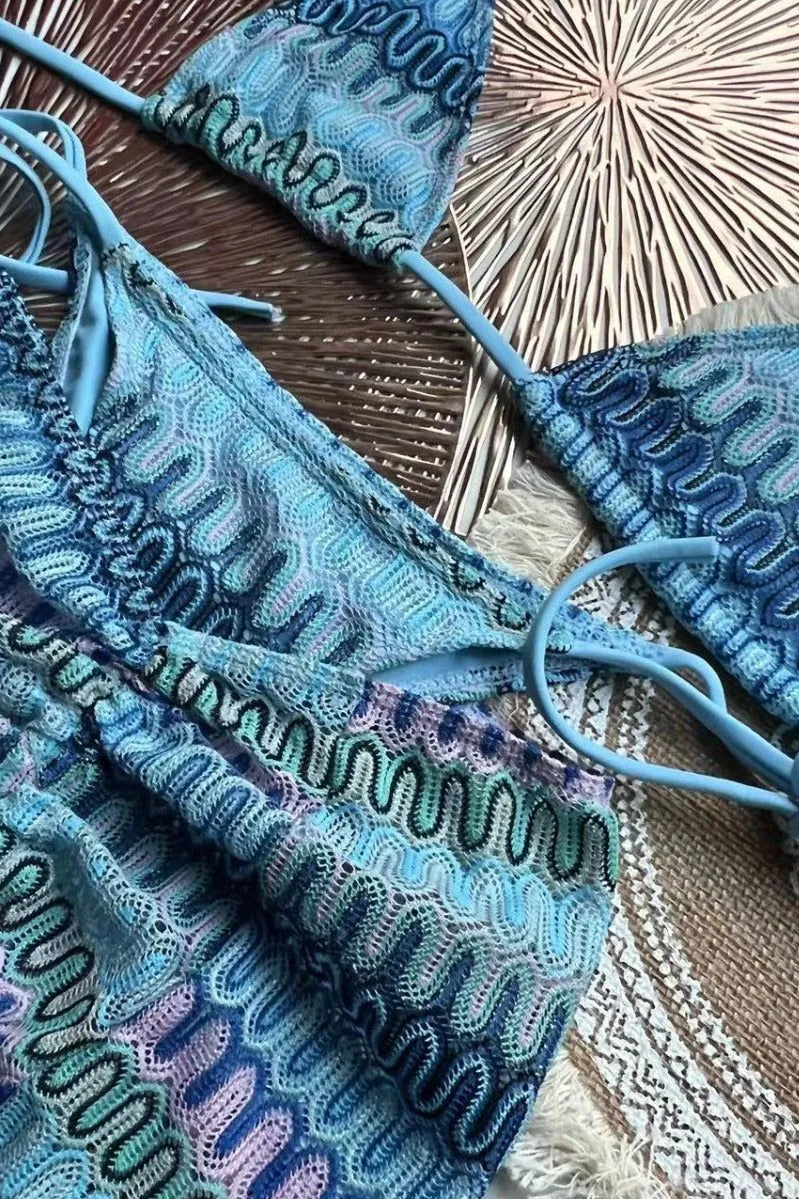 Three-Piece Knitted Gradient Striped Bikini
