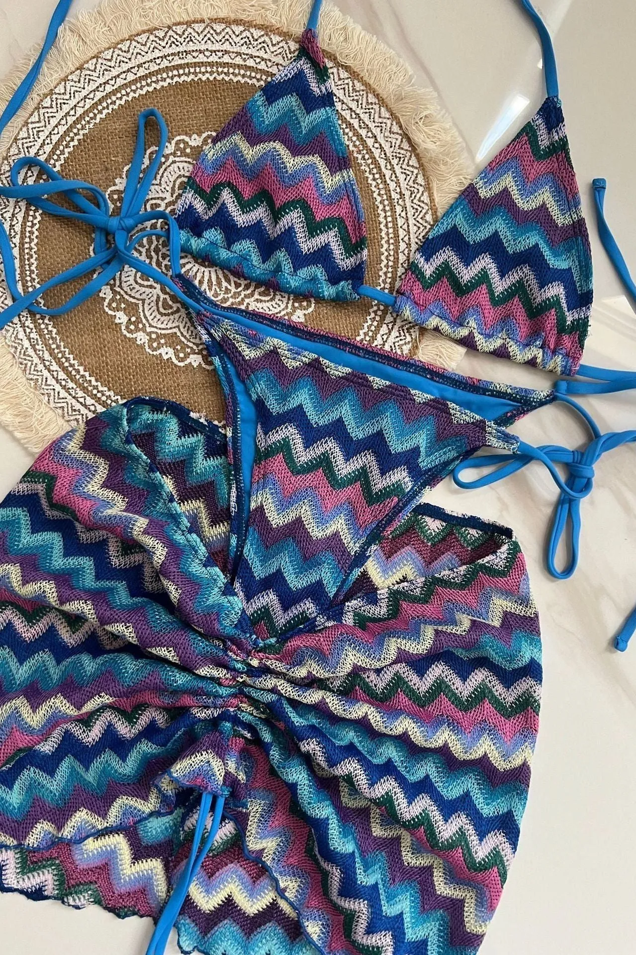 Three-Piece Knitted Gradient Striped Bikini