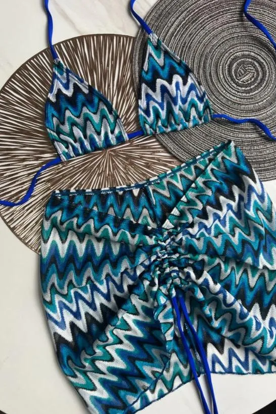 Three-Piece Knitted Gradient Striped Bikini