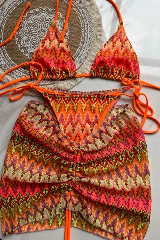 Three-Piece Knitted Gradient Striped Bikini