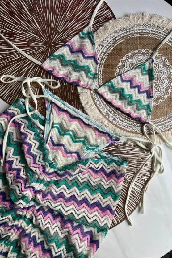 Three-Piece Knitted Gradient Striped Bikini