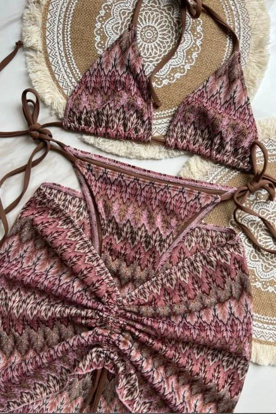 Three-Piece Knitted Gradient Striped Bikini