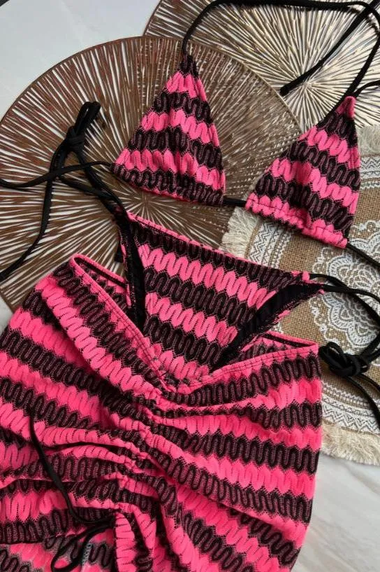 Three-Piece Knitted Gradient Striped Bikini