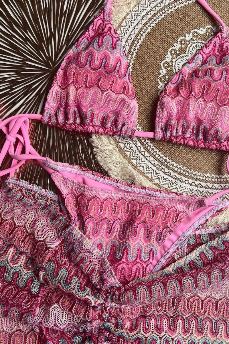 Three-Piece Knitted Gradient Striped Bikini