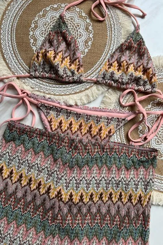 Three-Piece Knitted Gradient Striped Bikini
