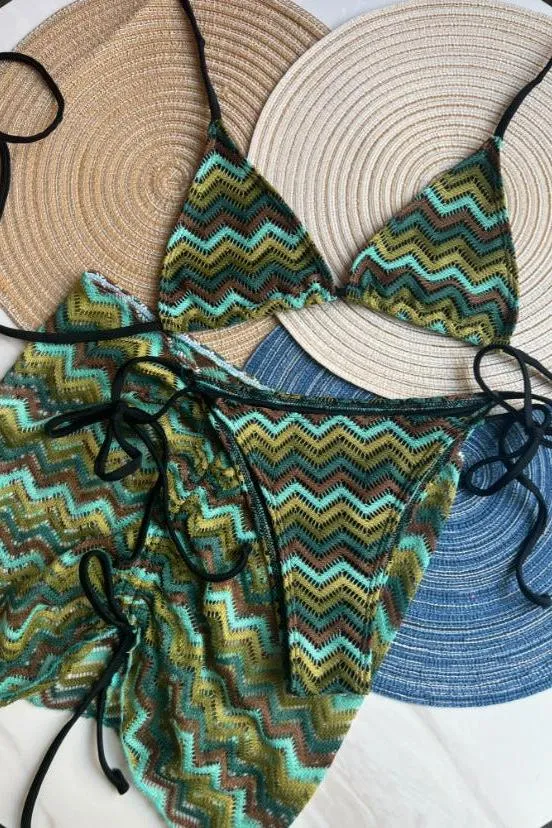 Three-Piece Knitted Gradient Striped Bikini