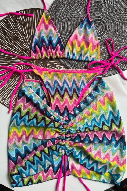 Three-Piece Knitted Gradient Striped Bikini